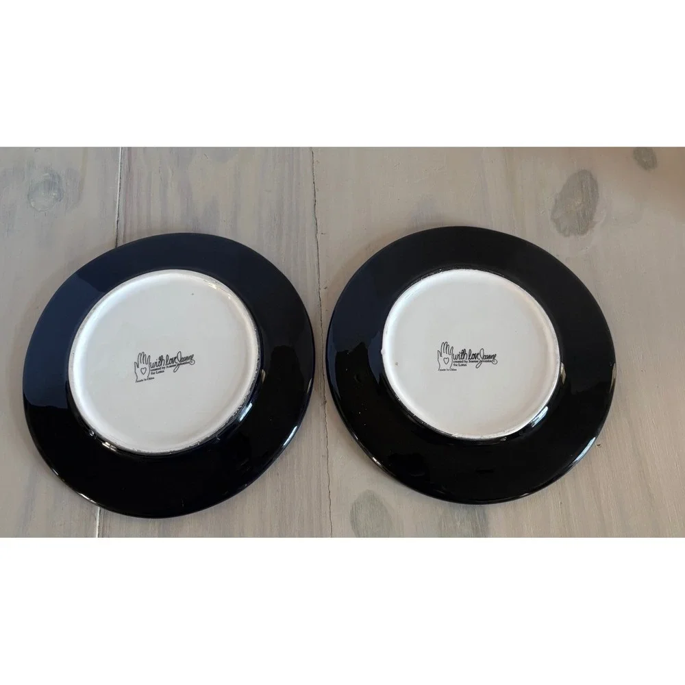 Joanne deLomba for Lotus Whimsical Coffee Cup Salad Plates Set of 2 Black 8 Inch